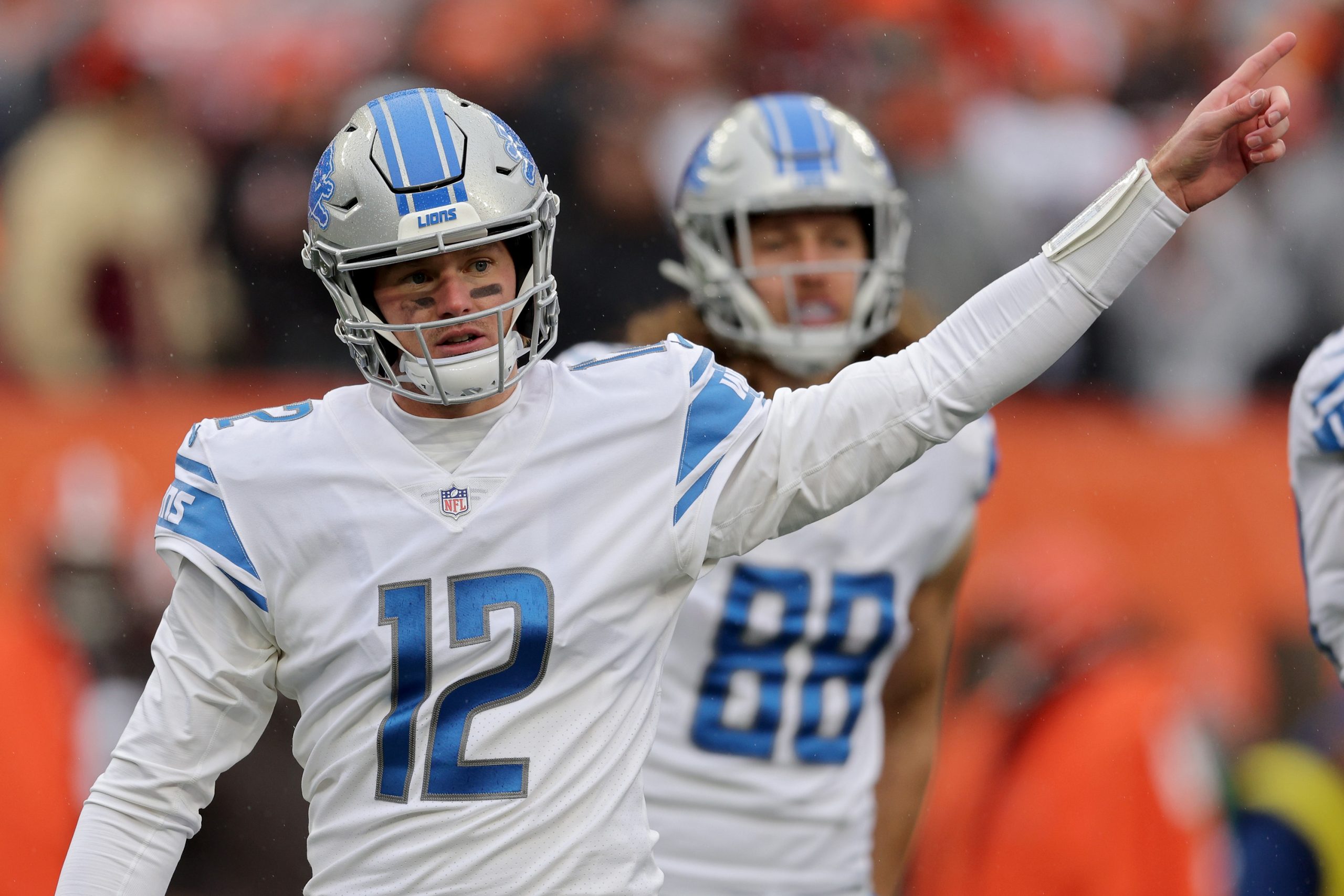 Tim Boyle of the Detroit Lions signals a first down in the first half against the Cleveland Browns.