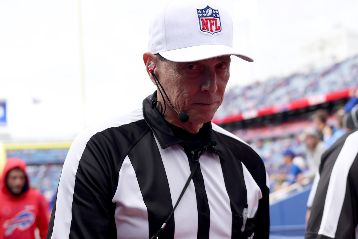 Referee Tony Corrente, who Chris Simms shared a story about after a controversial call against Cassius Marsh and the Chicago Bears, walks off the field after a game between the Buffalo Bills and the Washington Football Team at Highmark Stadium on September 26, 2021 in Orchard Park, New York.