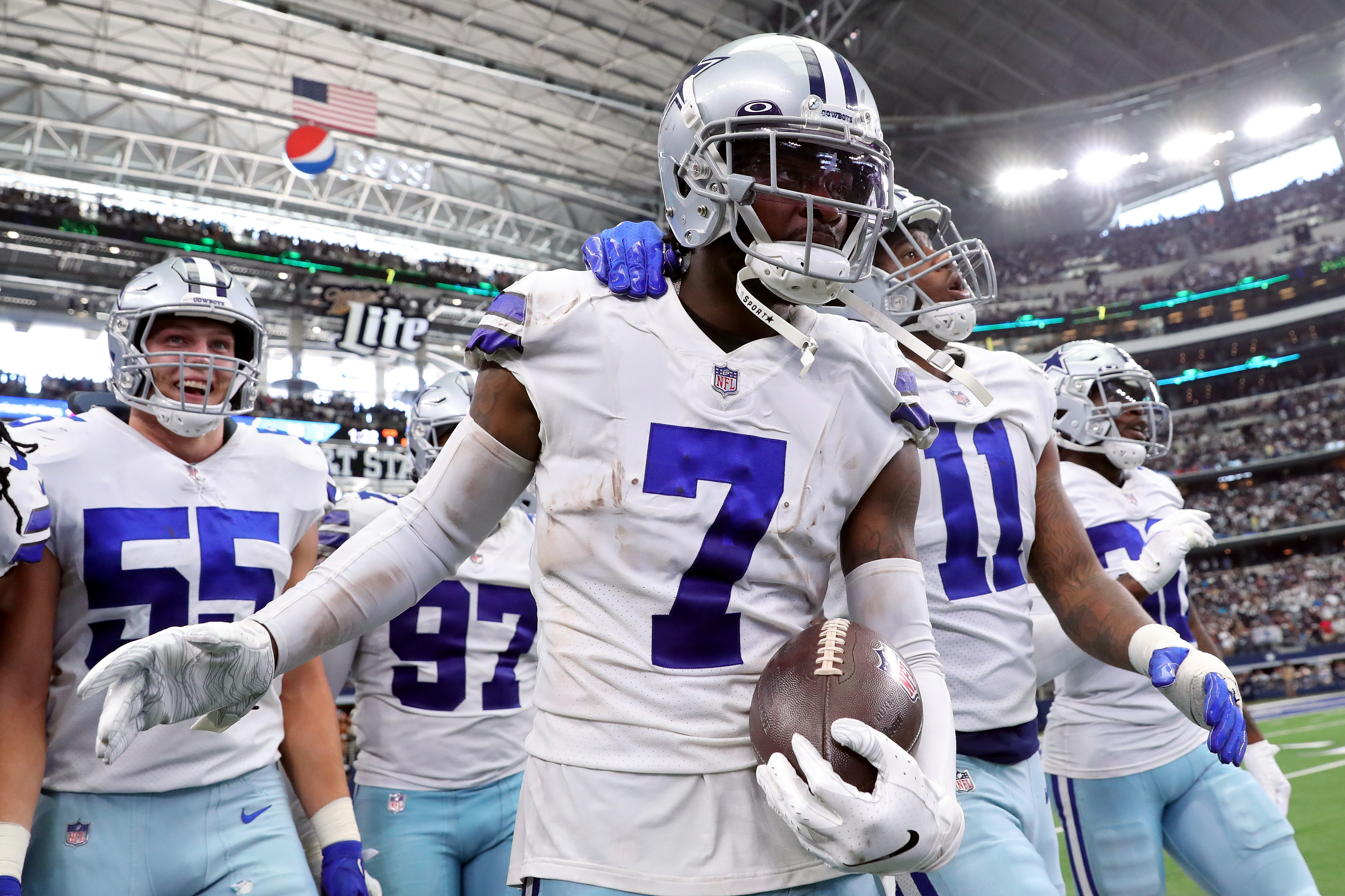 Cowboys cornerback Trevon Diggs celebrates with the defense
