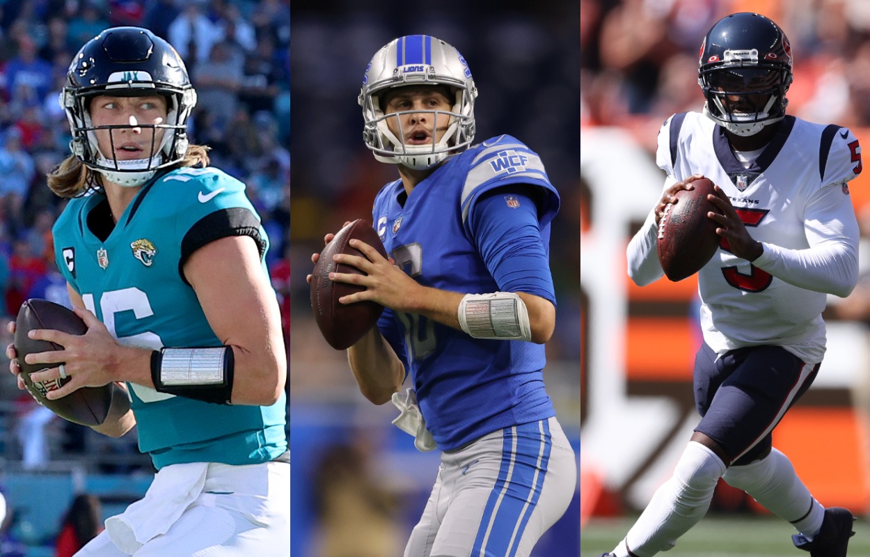 Jacksonville Jaguars quarterback Trevor Lawrence, Detroit Lions quarterback Jared Goff, and Houston Texans quarterback Tyrod Taylor in 2021.