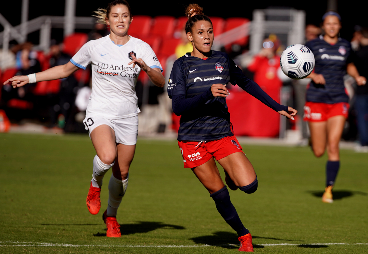 Washington Spirit forward Trinity Rodman (2) races downfield.