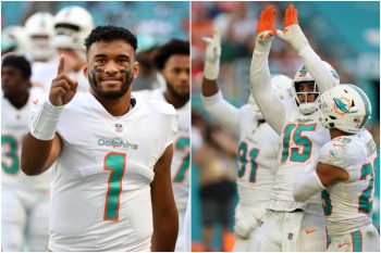 Miami Dolphins QB Tua Tagovailoa is all smiles before a game. Teammate Jaelan Phillips celebrates recording a sack.