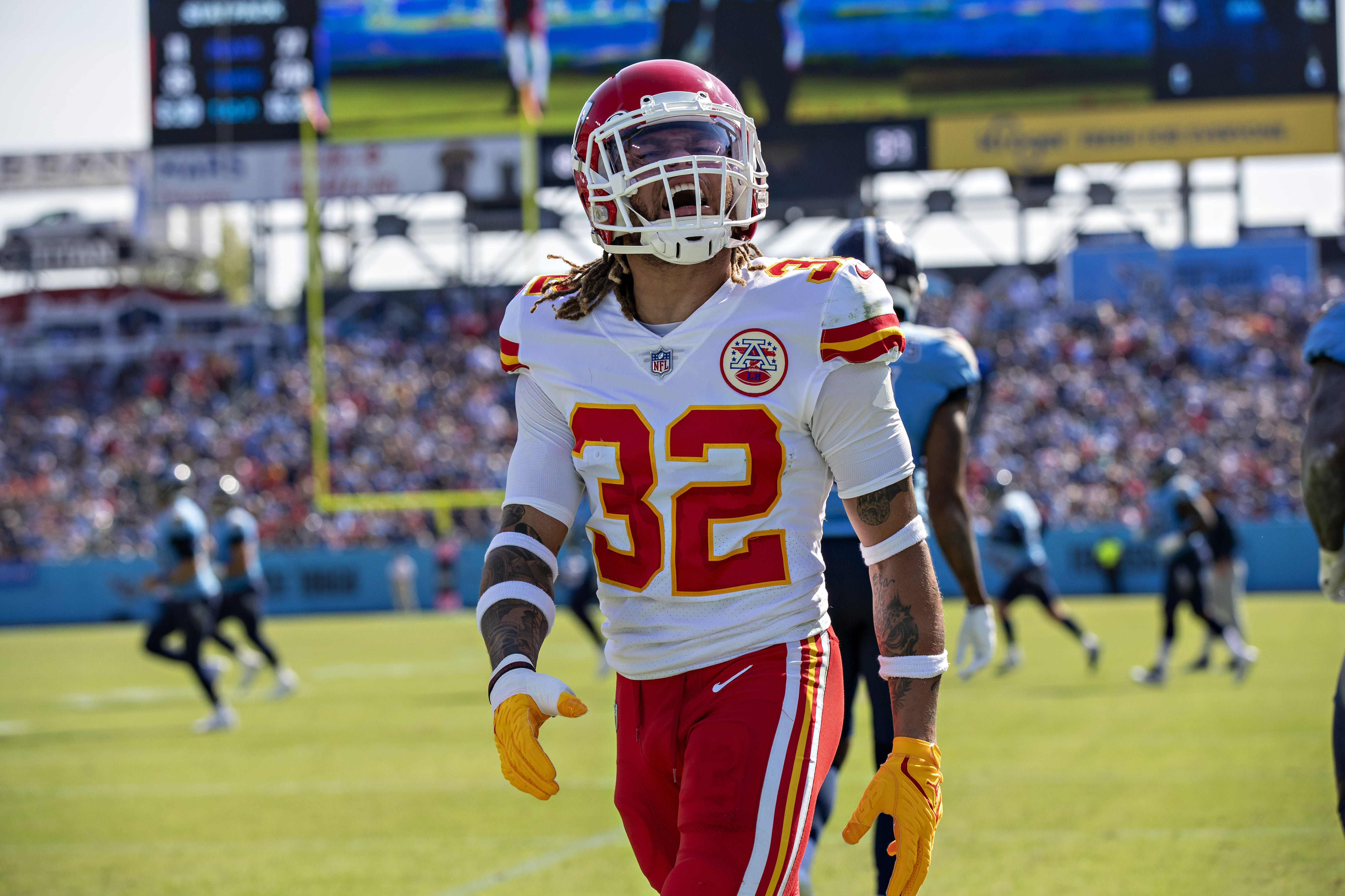 Chiefs safety Tyrann Mathieu reacts during game against the Titans