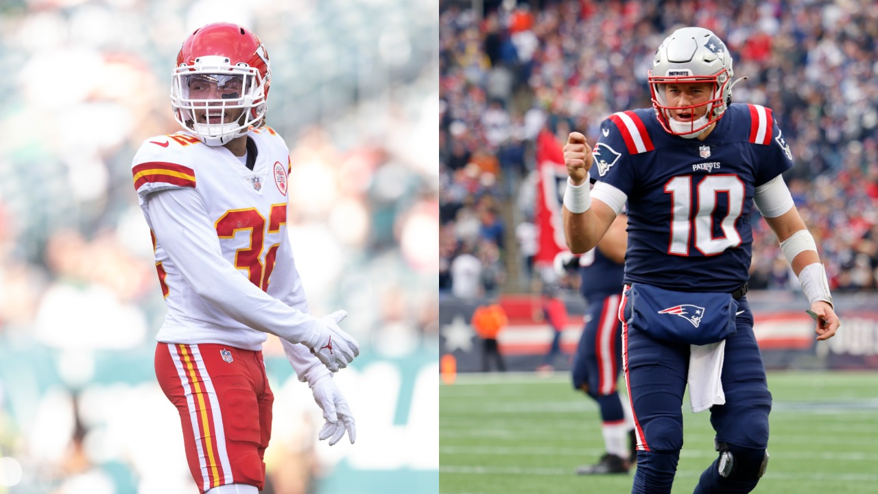 Chiefs safety Tyrann Mathieu reacts during a game; Patriots QB Mac Jones in action