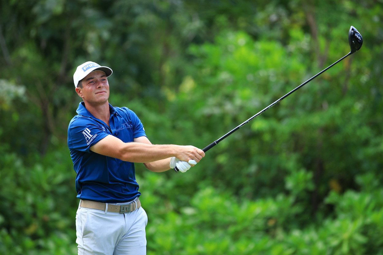 Viktor Hovland is winning a PGA Tour event despite playing with a borrowed driver.