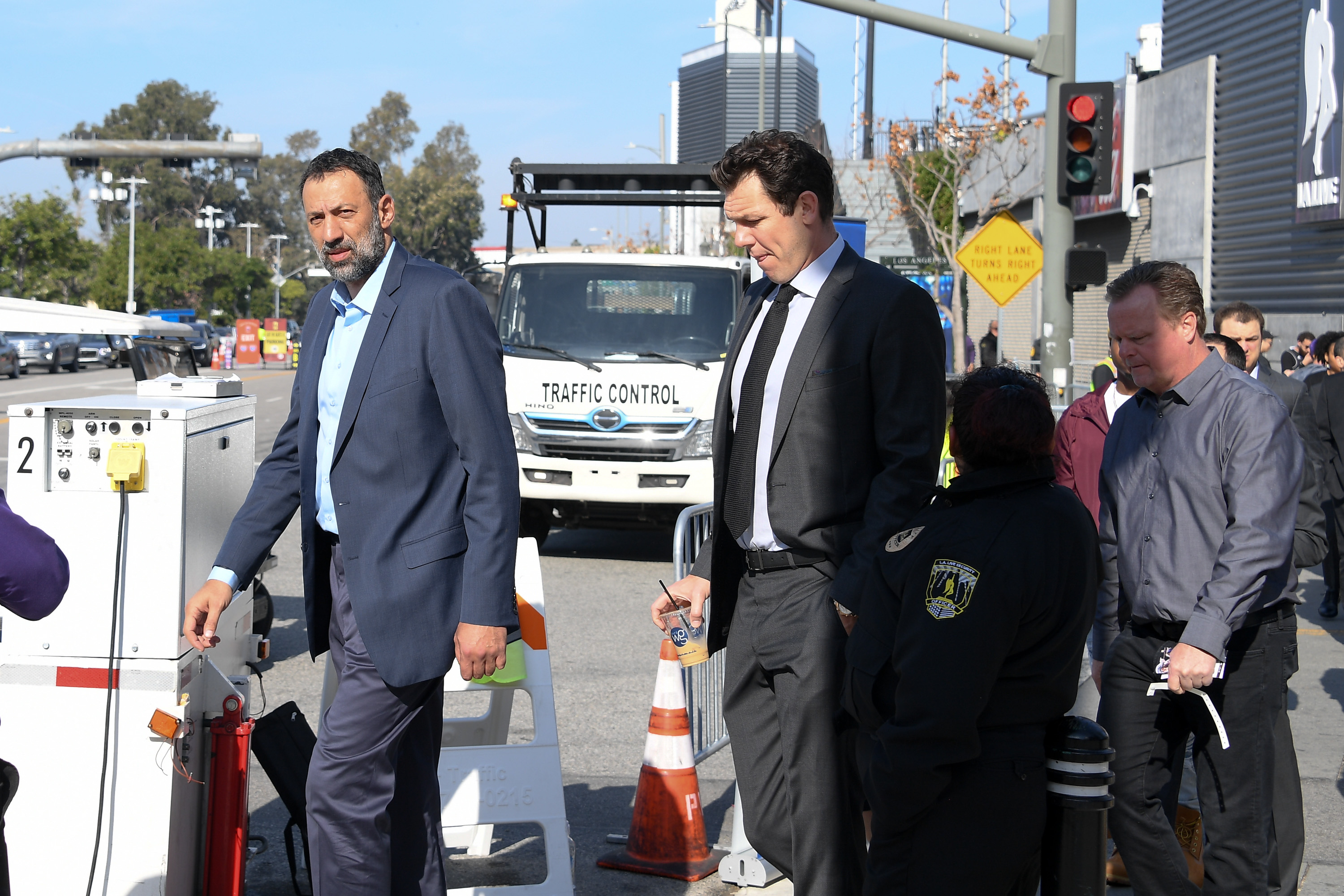 Former Sacramento Kings general manager Vlade Divac and recently-fired Kings head coach Luke Walton arrive at Kobe's and Gianna Bryant's memorial service in February 2020