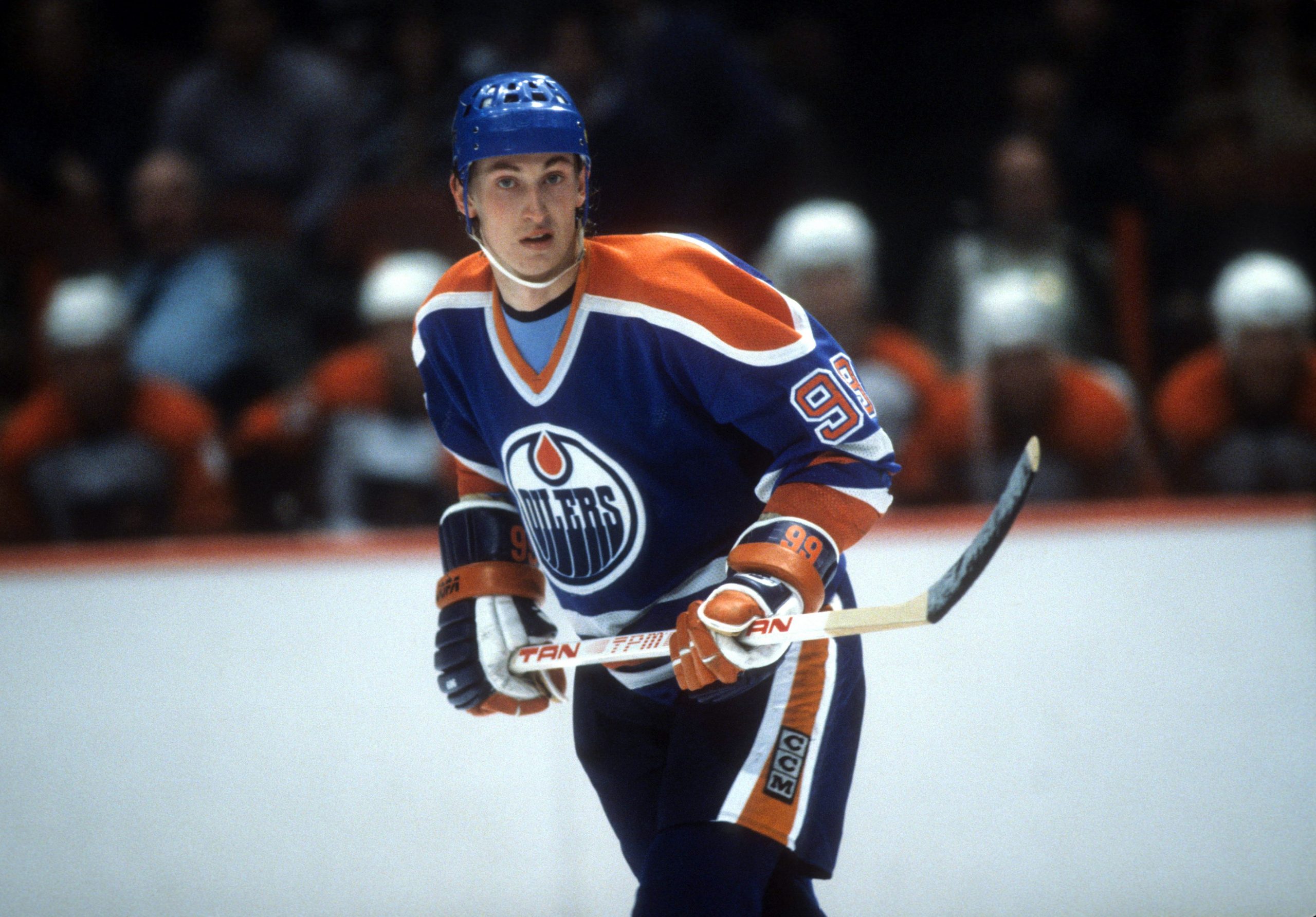 Wayne Gretzky of the Edmonton Oilers skates on the ice during an NHL game against the Philadelphia Flyers.