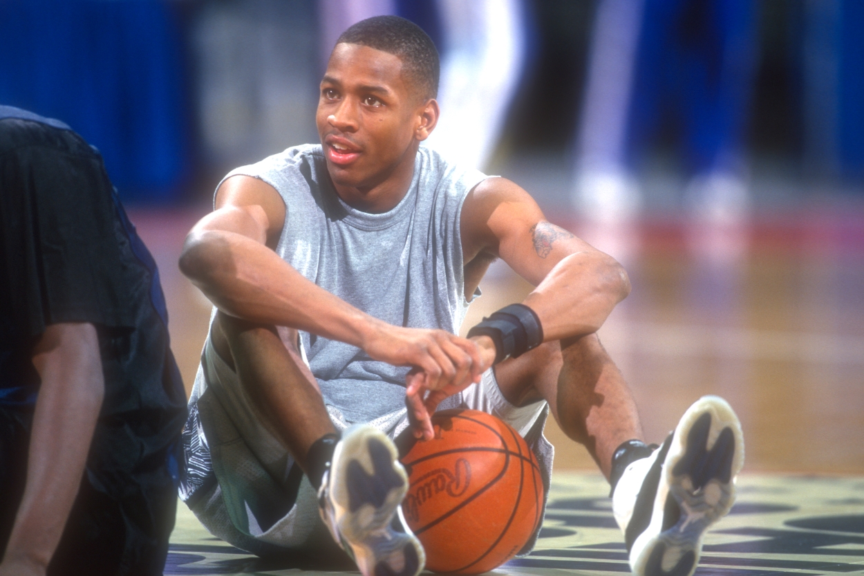 Allen Iverson of the Philadelphia 76ers goes through warmups while he was in college with the Georgetown Hoyas.