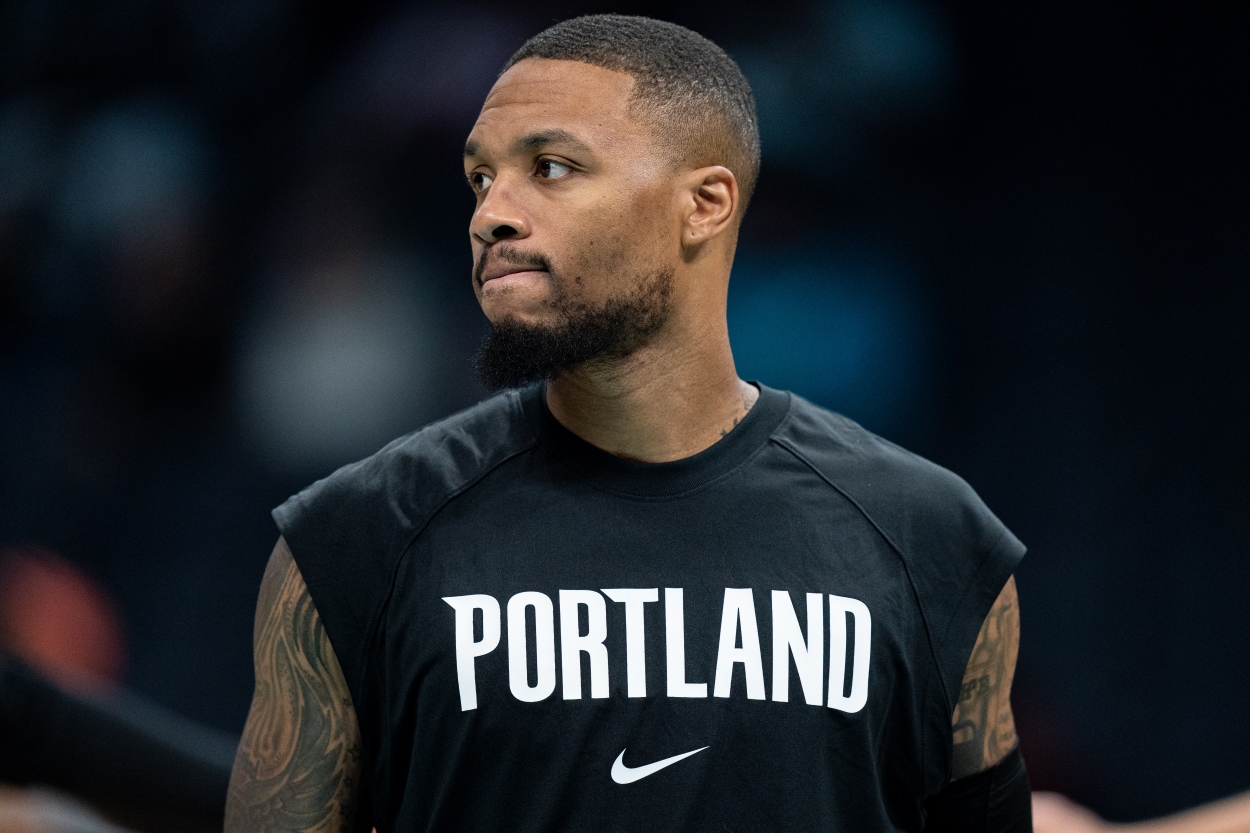 Damian Lillard of the Portland Trail Blazers, who's time with the franchise may eventually come to an end via trade, warms up before a game against the Charlotte Hornets.