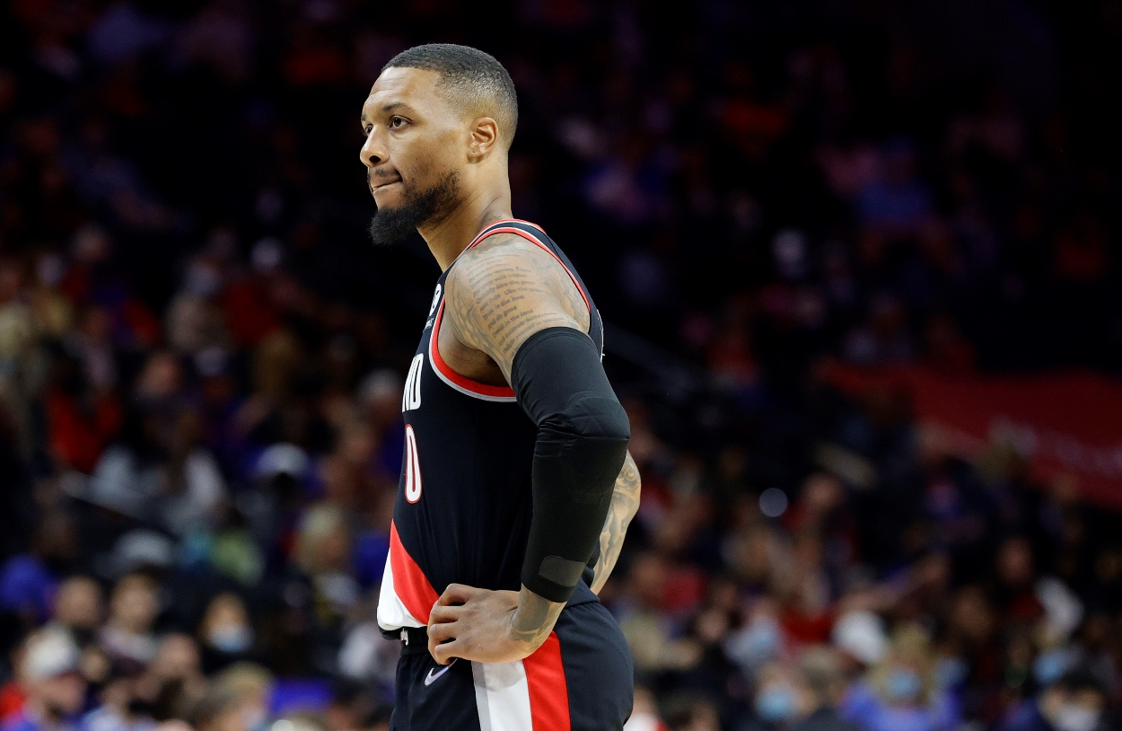 Damian Lillard of the Portland Trail Blazers look on during a break in a game against the Philadelphia 76ers.