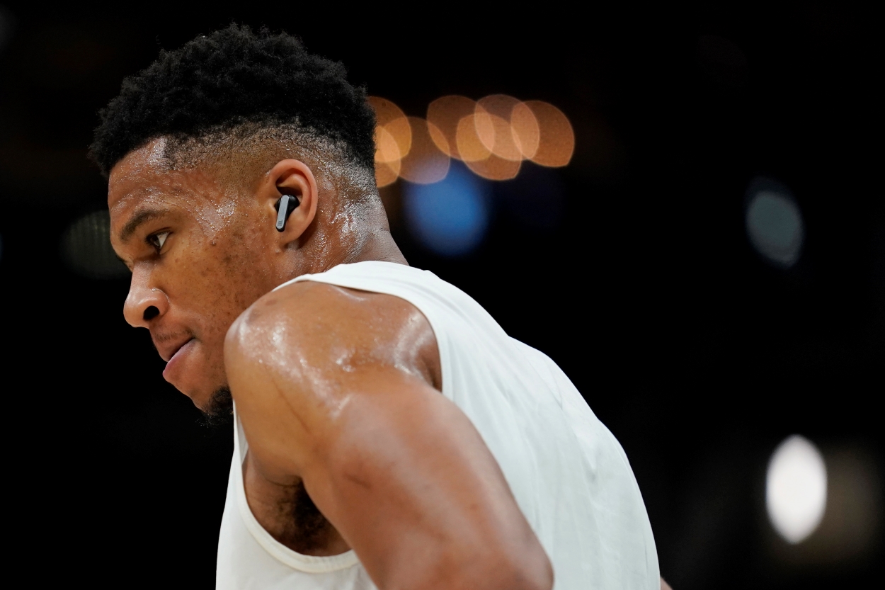 Giannis Antetokounmpo of the Milwaukee Bucks works out before a game.