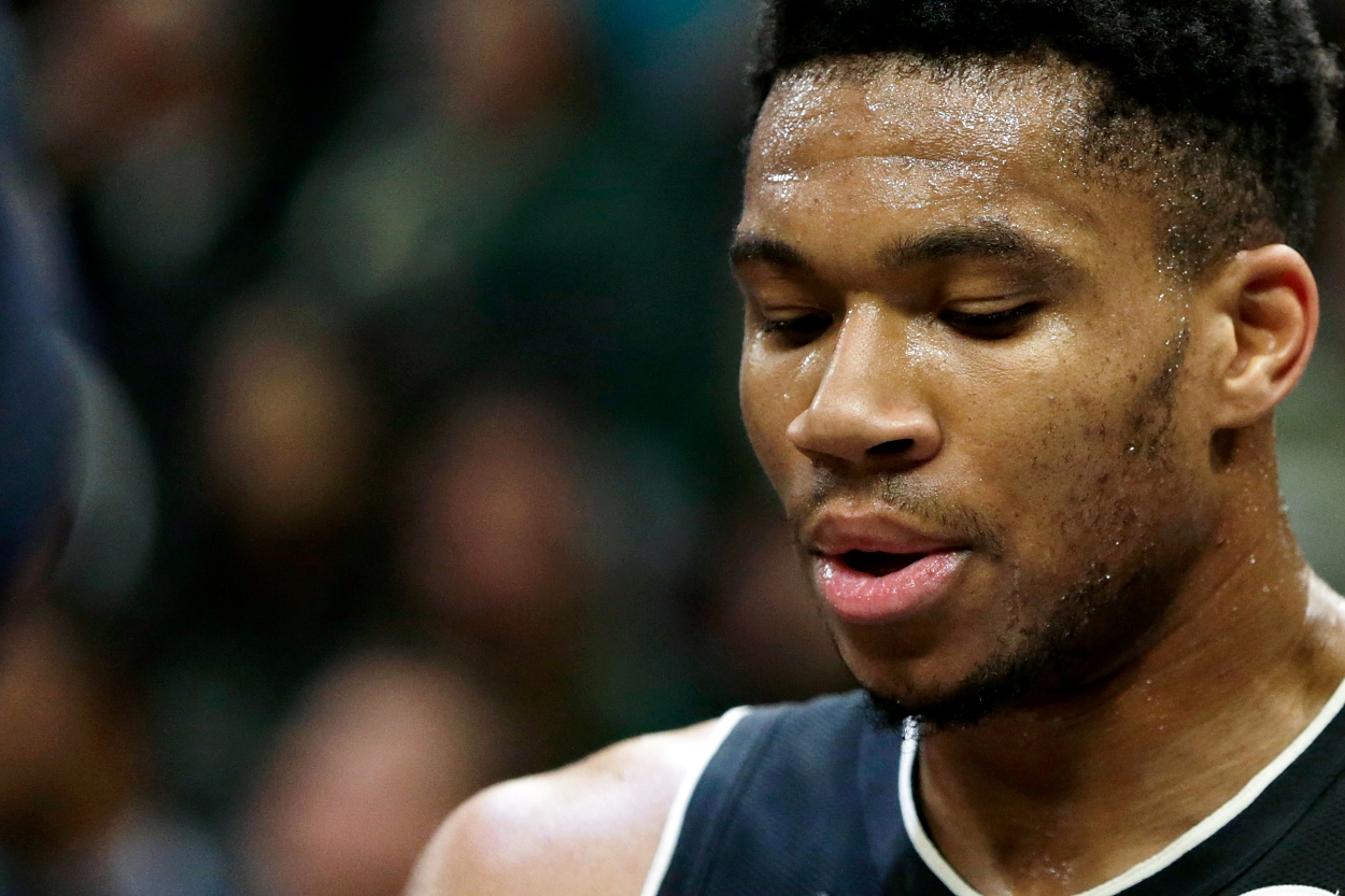 Giannis Antetokounmpo of the Milwaukee Bucks takes a break during a game.