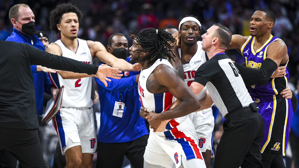 Isaiah Stewart had to be restrained multiple times after LeBron James bloodied his face with a closed fist. But why is Stewart seen as the villain?