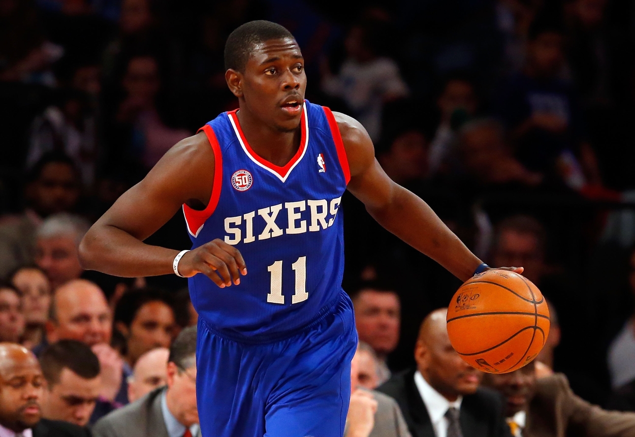 Jrue Holiday of the Philadelphia 76ers, now a member of the Milwaukee Bucks, plays a game during the 2013 season.