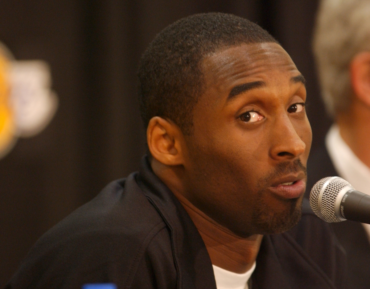 Kobe Bryant of the Los Angeles Lakers answers questions during a press conference.