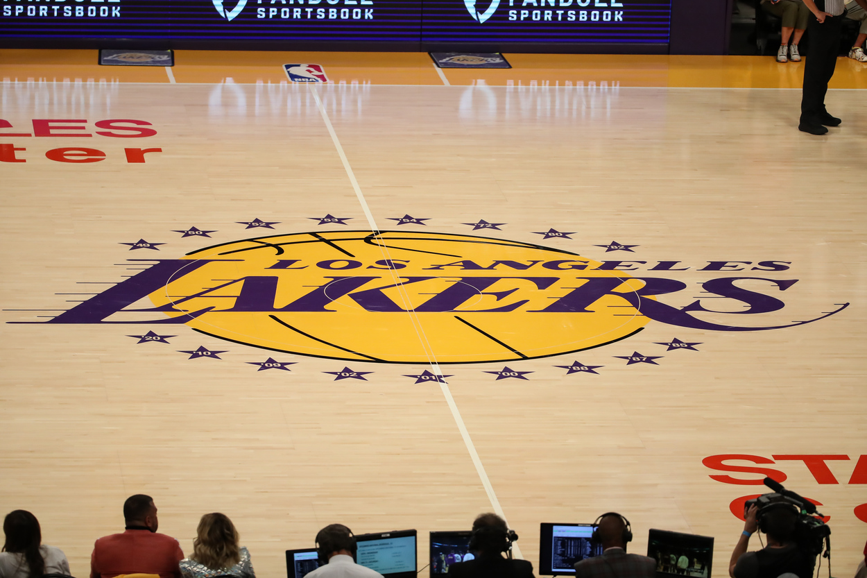 Center court of Staples Center during a Los Angeles Lakers game.
