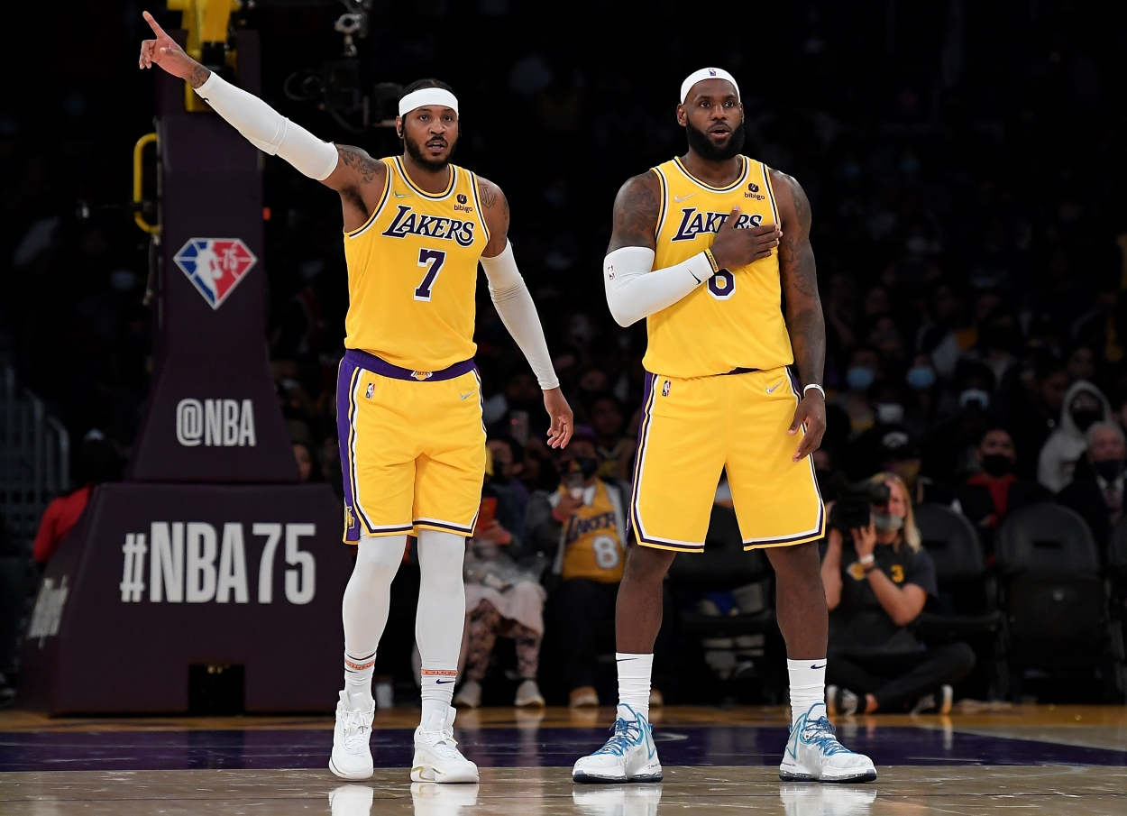 LeBron James and Carmelo Anthony of the LA Lakers look to matchup on defense.