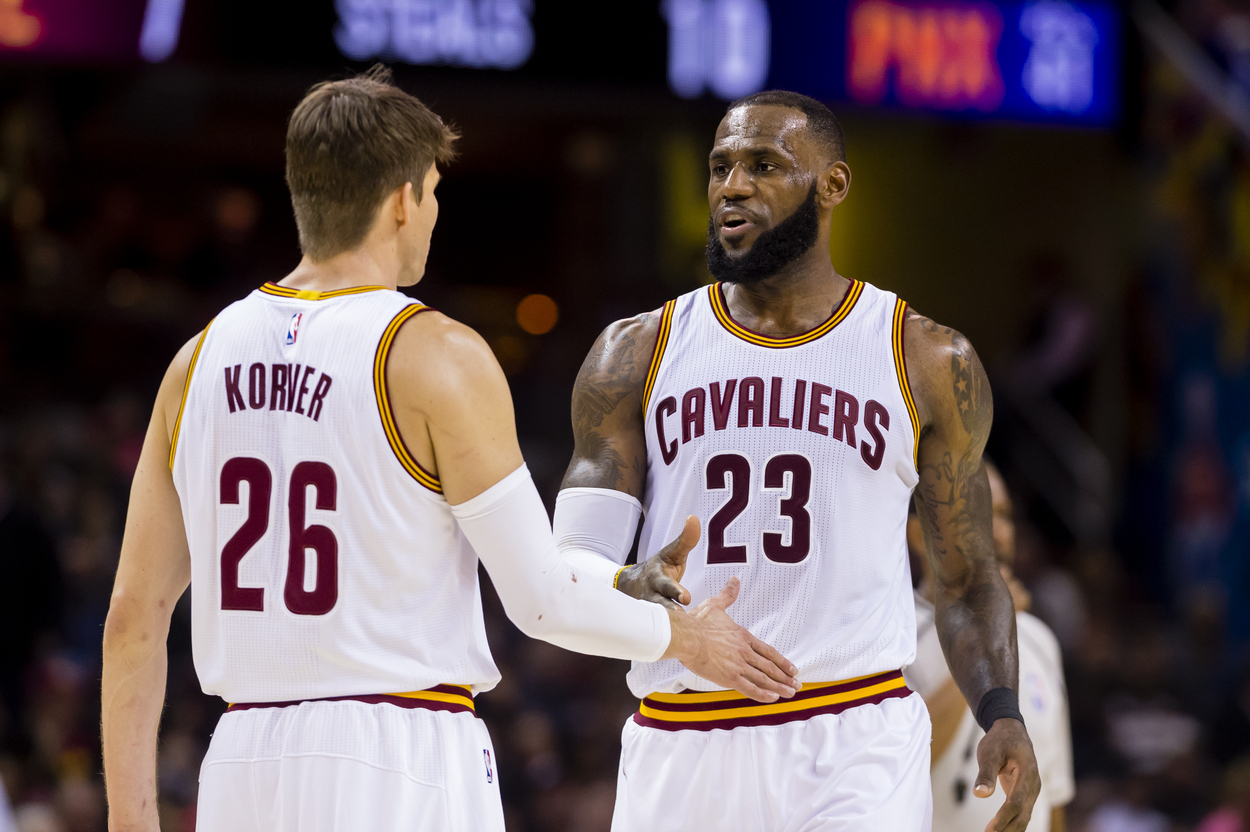 Former Cleveland Cavaliers LeBron James and Kyle Korver celebrating.