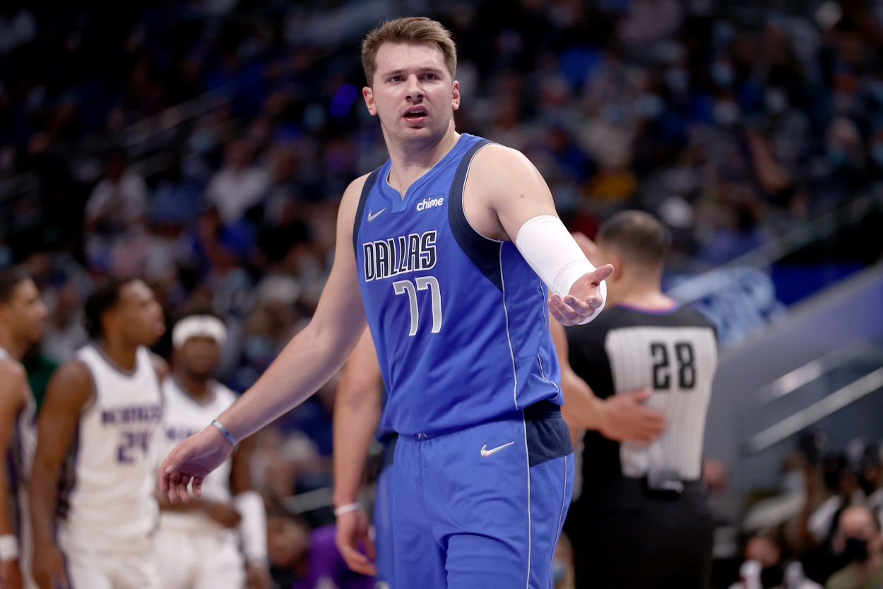 Luka Doncic reacts to a foul call.