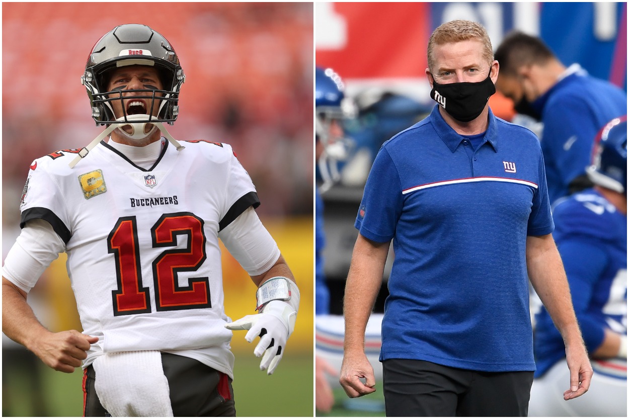 Buccaneers QB Tom Brady and Jason Garrett of the Giants.