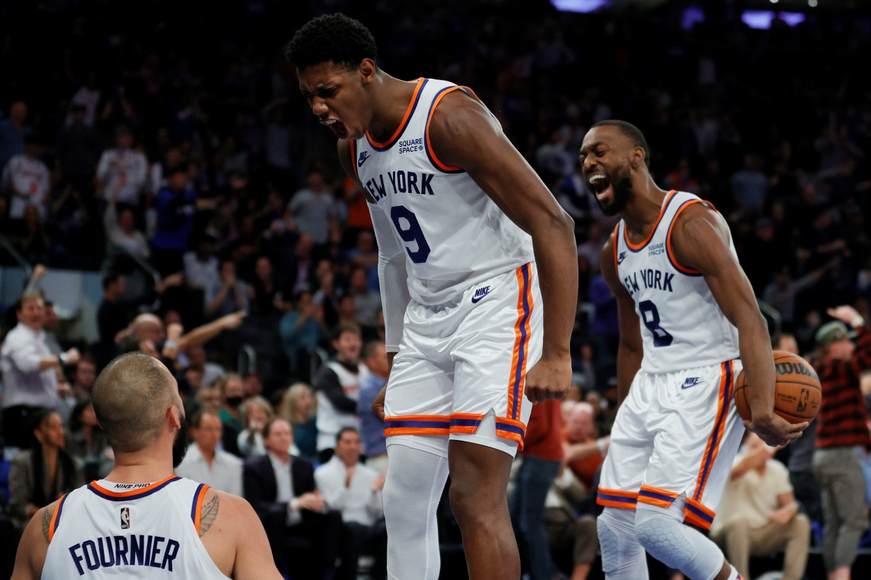 RJ Barrett of the New York Knicks reacts to a play during a game in Madison Square Garden.