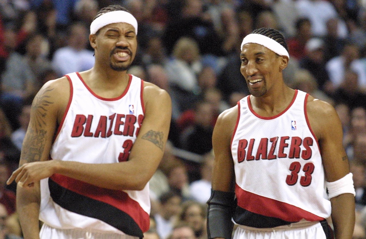 Portland Trail Blazers forwards Rasheed Wallace and Scottie Pippen react to a foul call.
