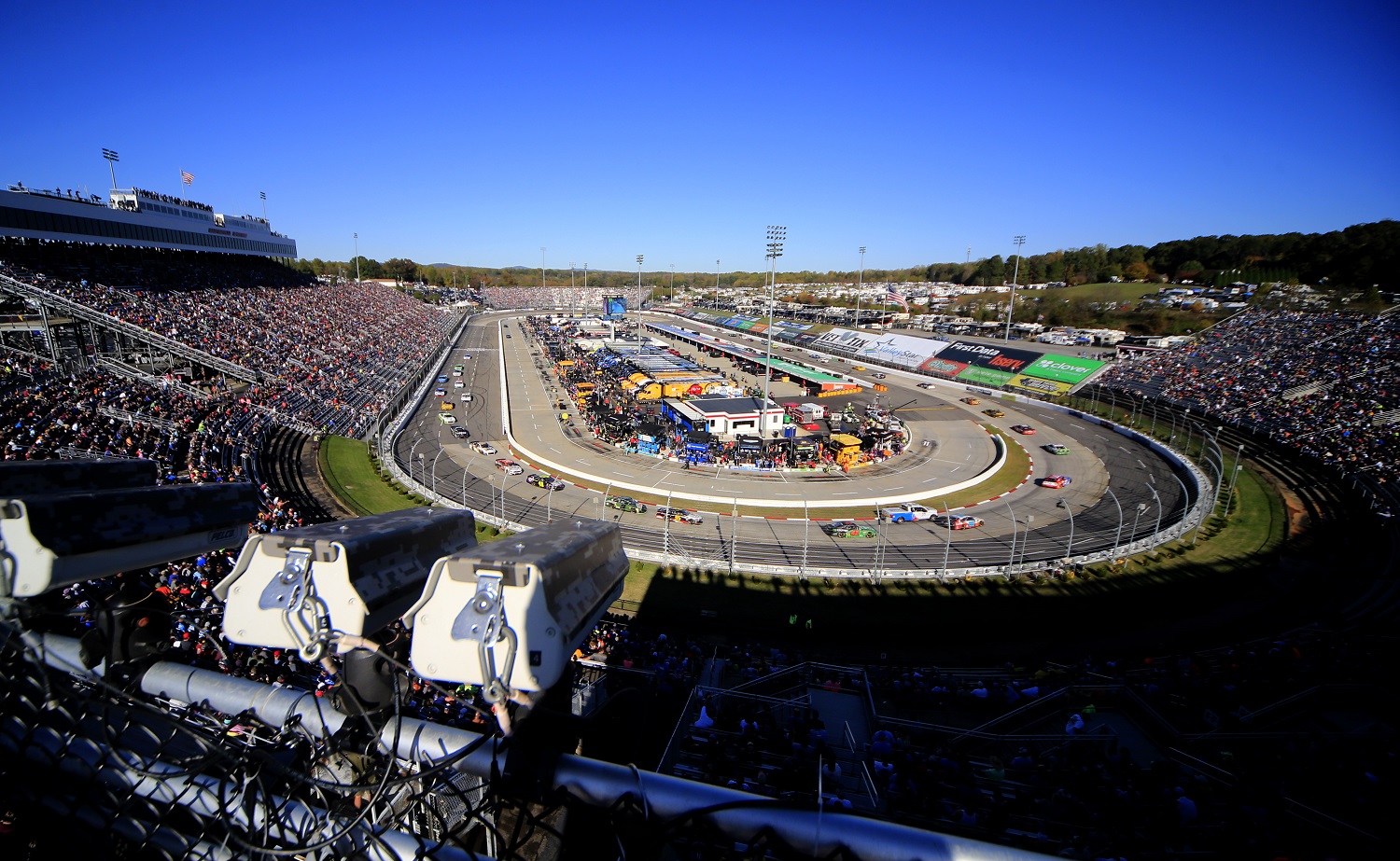 An overhead view of Martinsville Speedway during the running of the First Data 500 on Oct. 27, 2019, at Martinsville Speedway in Martinsville, Va.