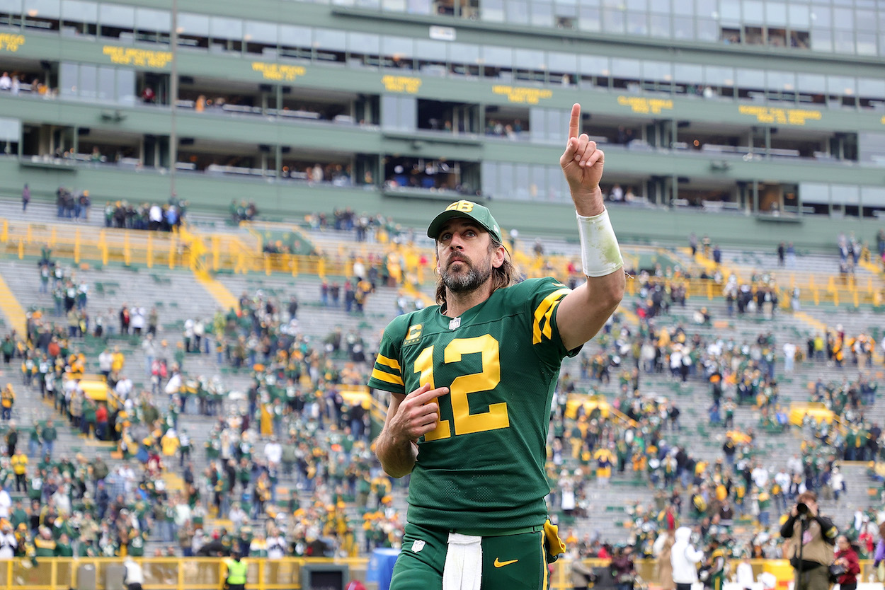 Aaron Rodgers of the Green Bay Packers leaves the field following a game against the Washington Football Team at Lambeau Field on October 24, 2021 in Green Bay, Wisconsin.