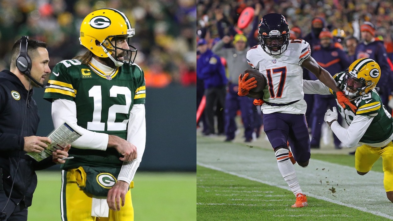 (L-R) Green Bay Packers quarterback Aaron Rodgers and Green Bay Packers head coach Matt LaFleur talk during a time out during a game between the Green Bay Packers and the Los Angeles Rams at Lambeau Field on November 28, 2021 in Green Bay, WI; Jakeem Grant of the Chicago Bears avoids a tackle by Rasul Douglas of the Green Bay Packers during a game at Lambeau Field on December 12, 2021 in Green Bay, Wisconsin. The Packers defeated the Bears 45-30.