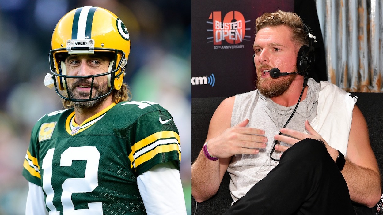 (L-R) Aaron Rodgers of the Green Bay Packers looks on before the game against the Seattle Seahawks at Lambeau Field on November 14, 2021 in Green Bay, Wisconsin; Pat McAfee attends SiriusXM's "Busted Open" celebrating 10th Anniversary In New York City on the eve of WrestleMania 35 on April 6, 2019 in New York City.