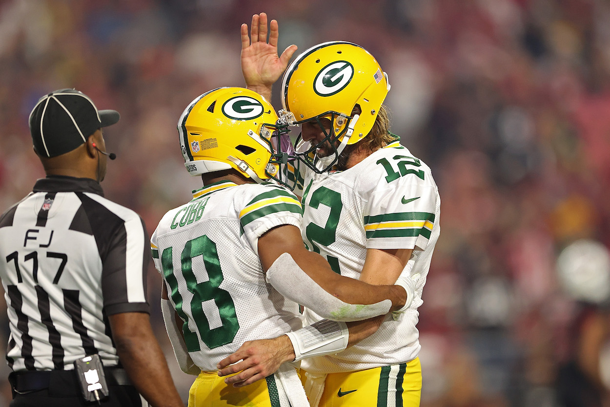 Packers players Aaron Rodgers and Randall Cobb.