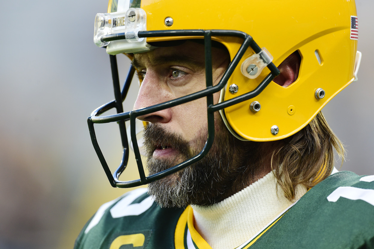 Aaron Rodgers birthday is this week. Here is the Green Bay Packers QB looking on during pregame warm-ups before the game against the Los Angeles Rams at Lambeau Field on November 28, 2021 in Green Bay, Wisconsin.
