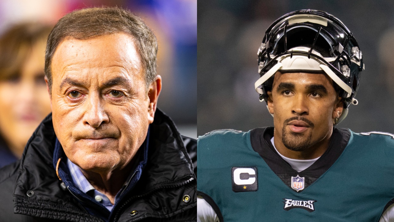 Al Michaels looks on during an NFL game; Eagles QB Jalen Hurts before game against Washington