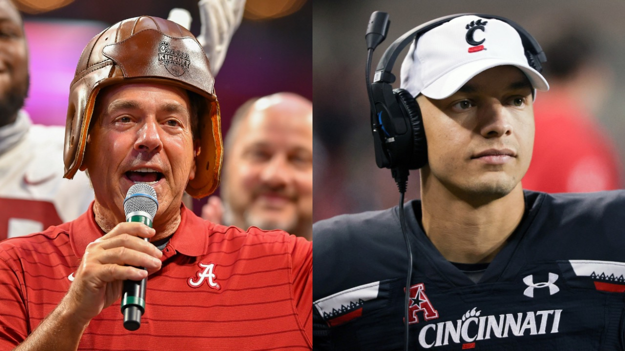 Alabama Crimson Tide head coach Nick Saban and Cincinnati Bearcats quarterback Desmond Ridder, who both hope to make the College Football Playoff.