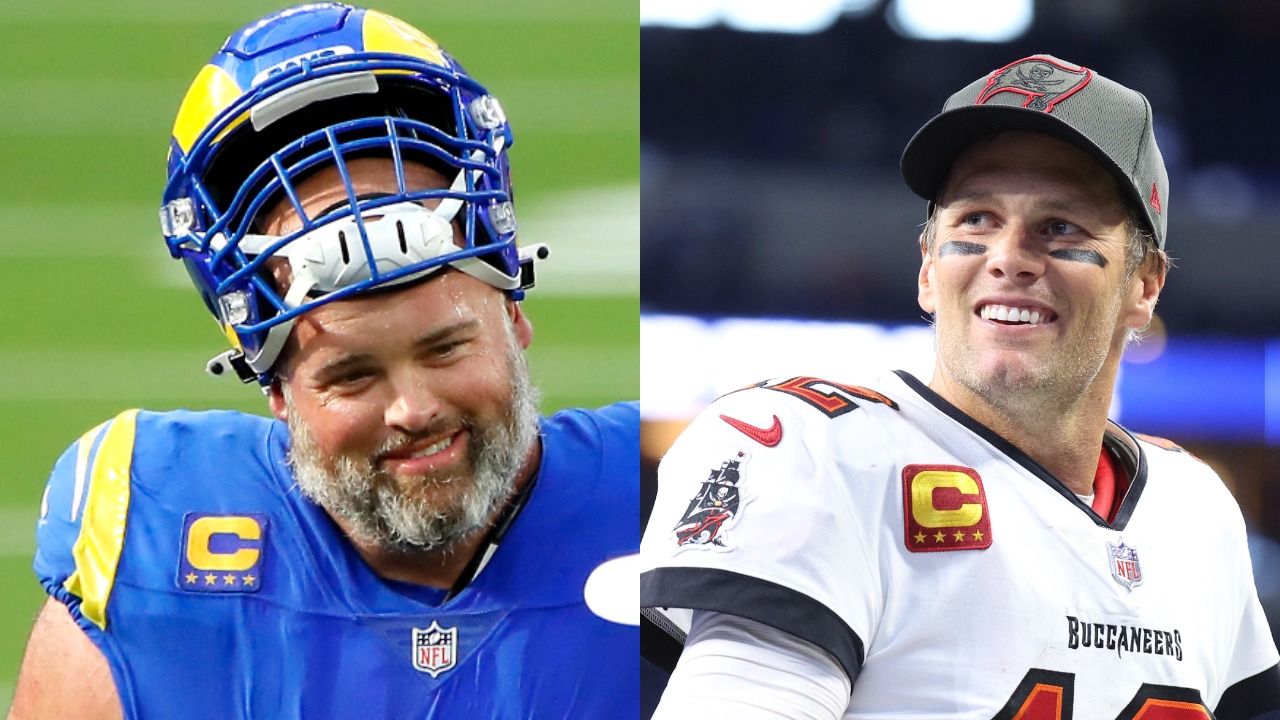 Rams offensive tackle Andrew Whitworth talks to referee | Tom Brady reacts after win over Colts