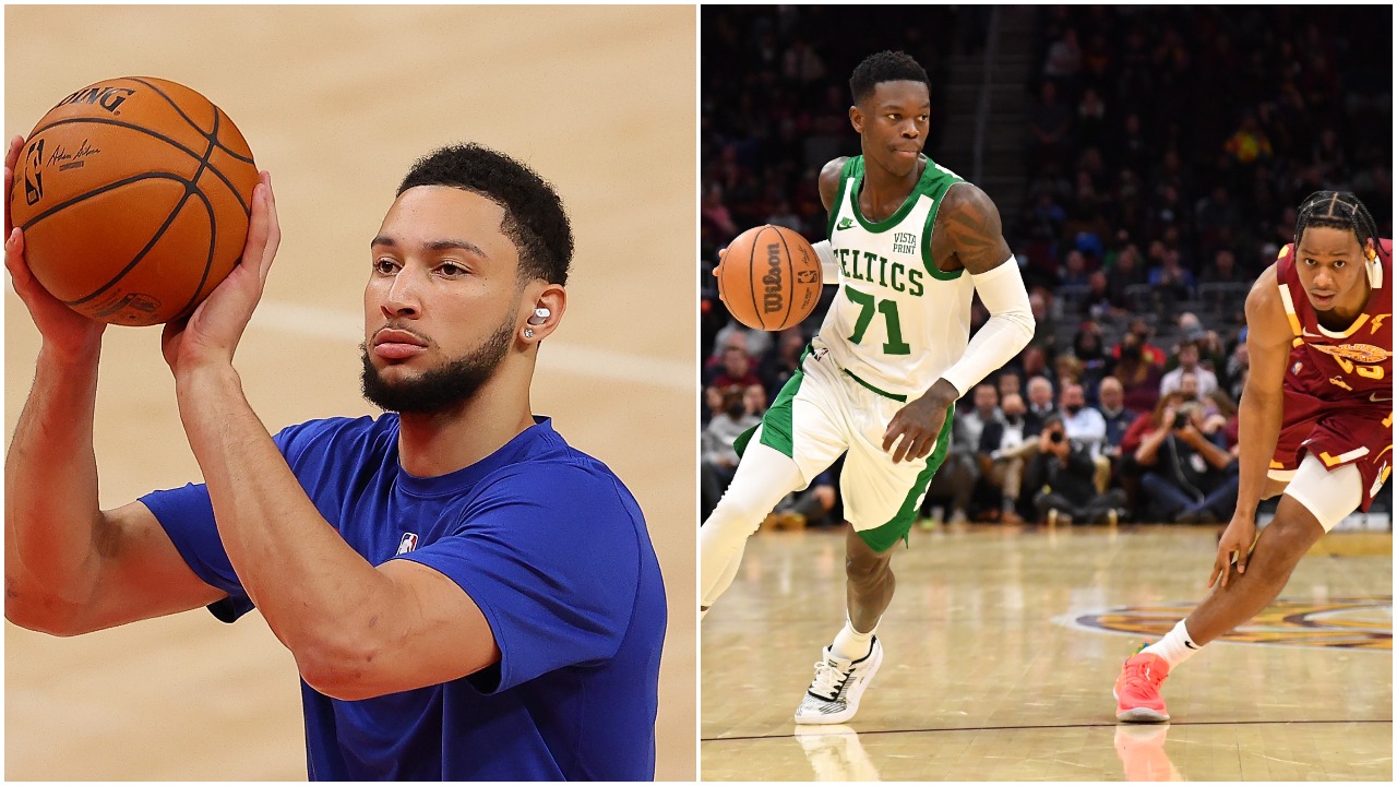 L-R: Ben Simmons warms up before a playoff game; Boston Celtics Dennis Schroder drives against Cleveland Cavaliers wing Isaac Okoro