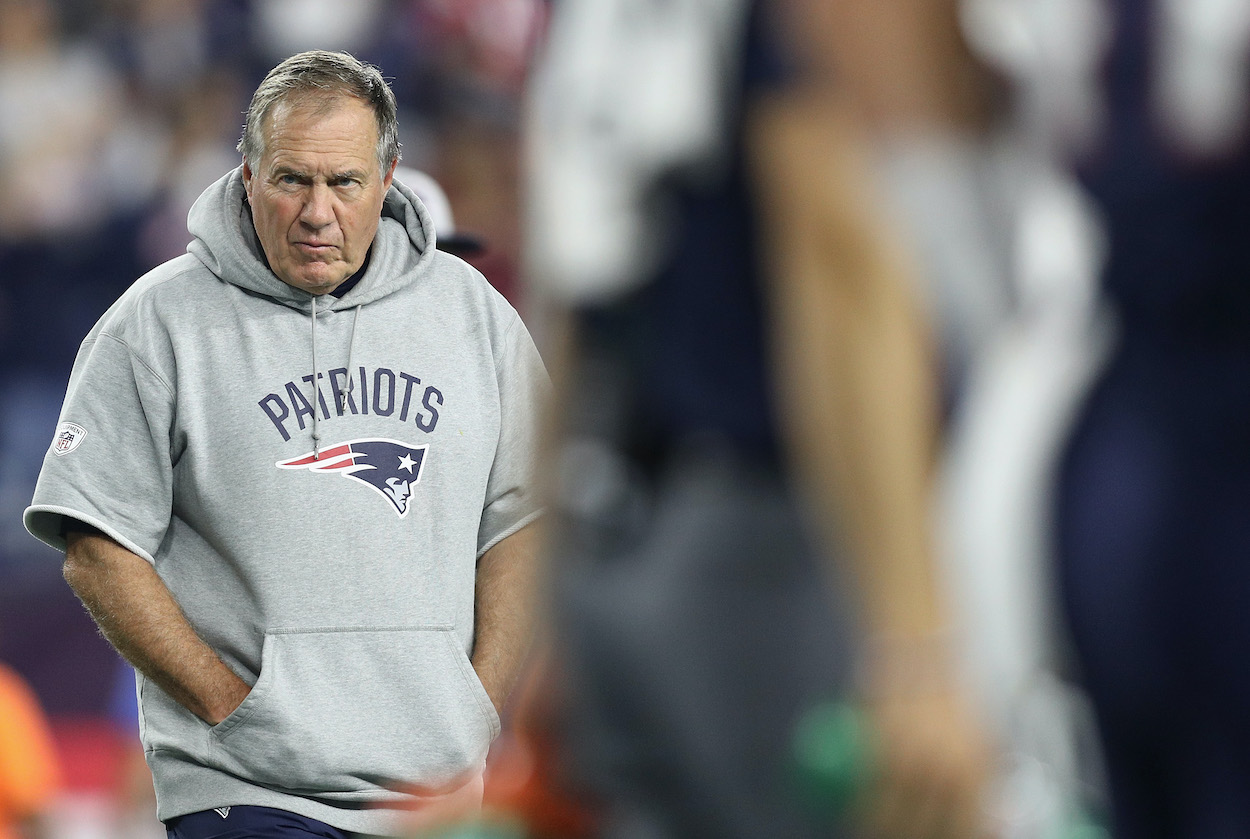 Head coach Bill Belichick of the New England Patriots looks on before the game against the Indianapolis Colts at Gillette Stadium on October 4, 2018 in Foxborough, Massachusetts.