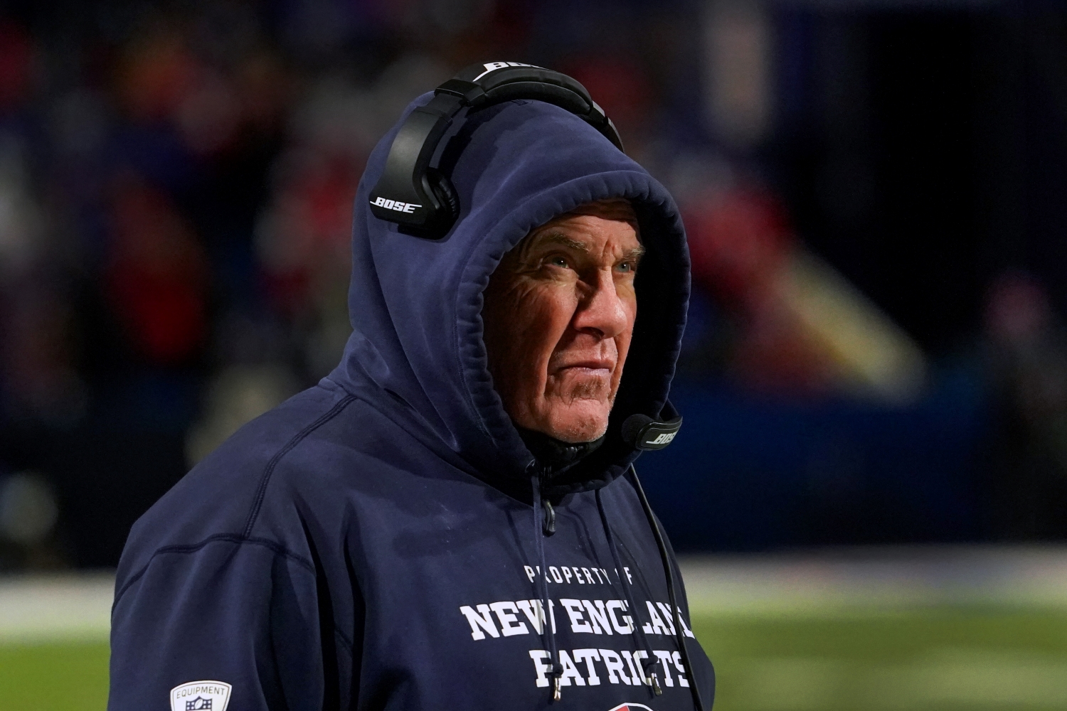 Bill Belichick looks up during a game between the Patriots and the Bills.