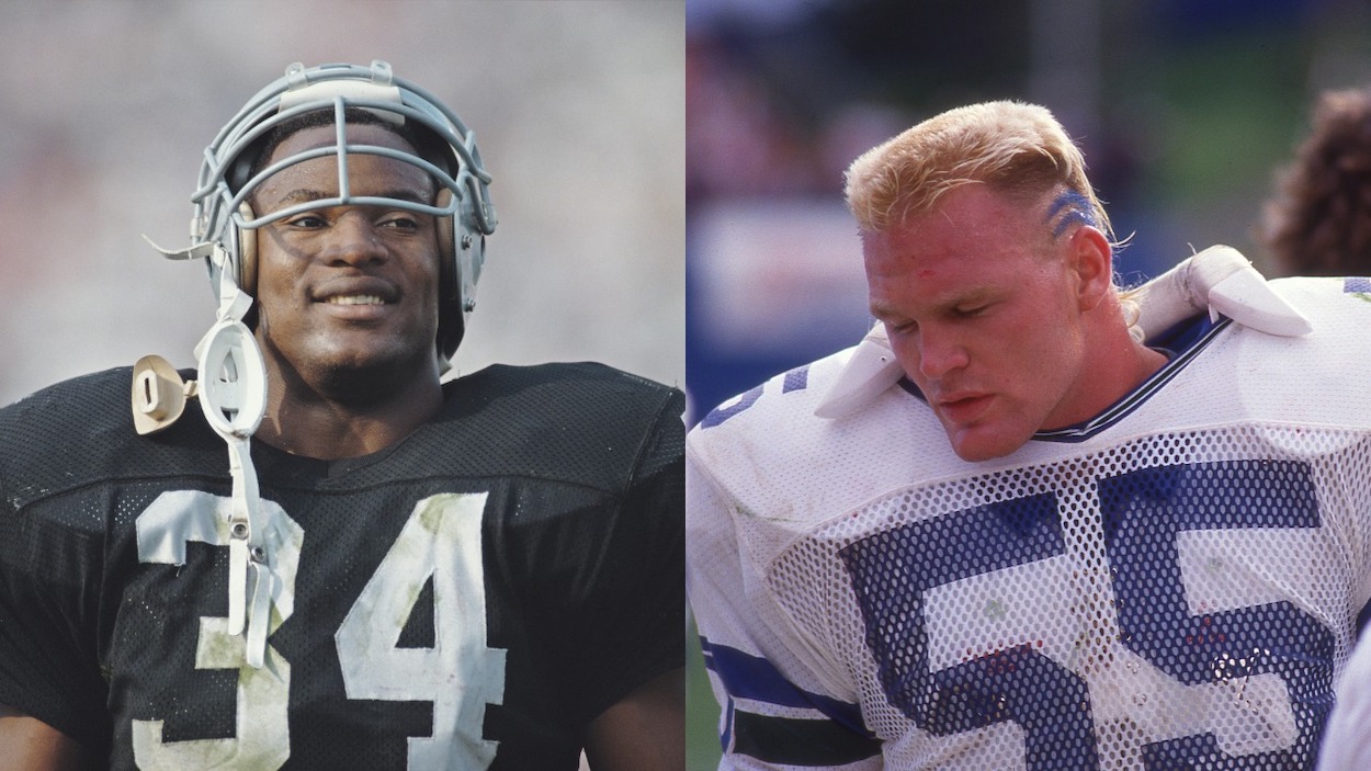 (L-R) Bo Jackson, of the Los Angeles Raiders during the American Football Conference West game against the Kansas City Chiefs on 15 October 1989 at the Los Angeles Memorial Coliseum, Los Angeles, California, United States; Brian Bosworth of the Seattle Seahawks circa 1987 in a game against the Denver Broncos at Mile High Stadium in Denver, Colorado.