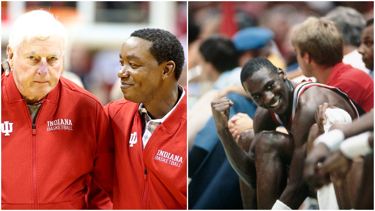 L-R: Bob Knight (L, L) and Isiah Thomas (L, R) on the court during a game at Assembly Hall at Indiana University in February 2020; Michael Jordan pumps his first during a Team USA victory in the 1984 Olympic Games