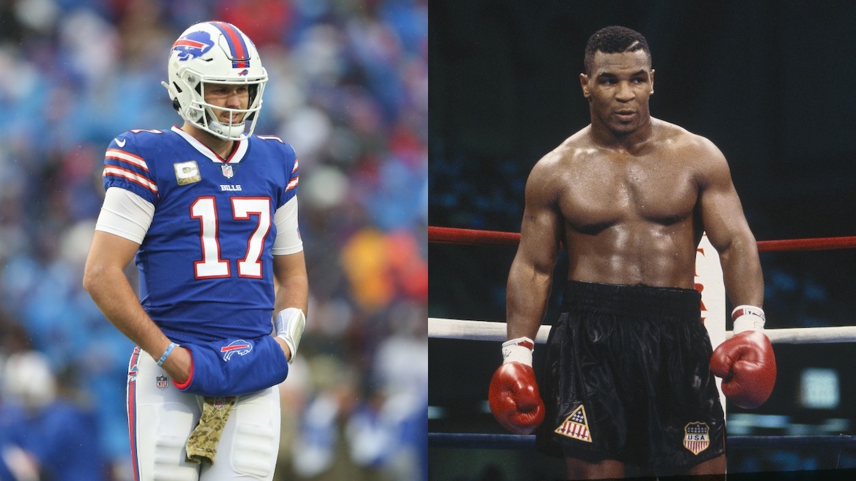 (L-R) Josh Allen of the Buffalo Bills looks on during the second half against the Indianapolis Colts at Highmark Stadium on November 21, 2021 in Orchard Park, New York; Mike Tyson stands in the ring during the fight with Carl Williams at the Convention Center on July 21, 1989 in Atlantic City, New Jersey. Tyson defeated Williams in the fifth round with a TKO.
