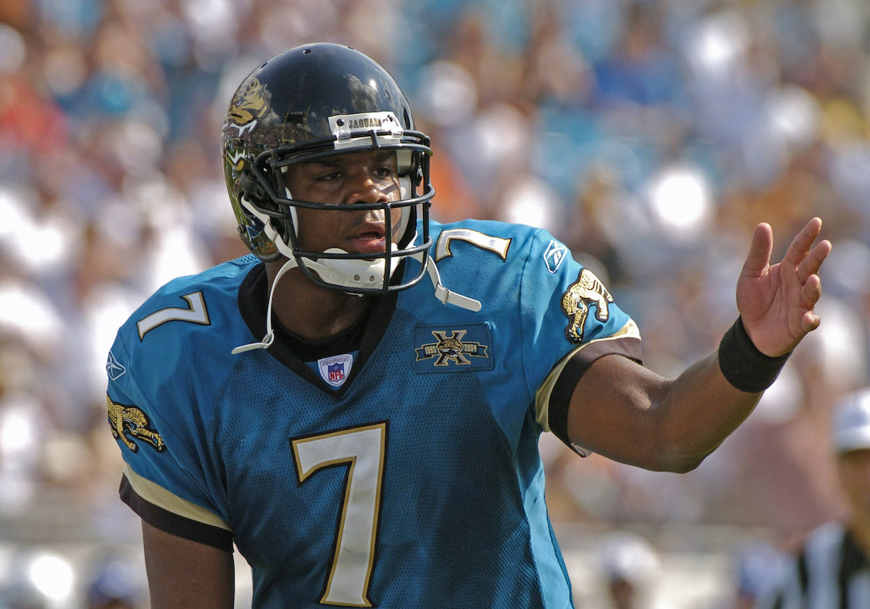Jacksonville Jaguars quarterback Byron Leftwich, now a coaching candidate to replace Urban Meyer, calls a play at Alltel Stadium, Jacksonville, Florida, October 3, 2004.