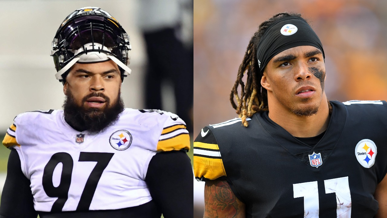 Cameron Heyward looks on after a game; Steelers WR Chase Claypool in action