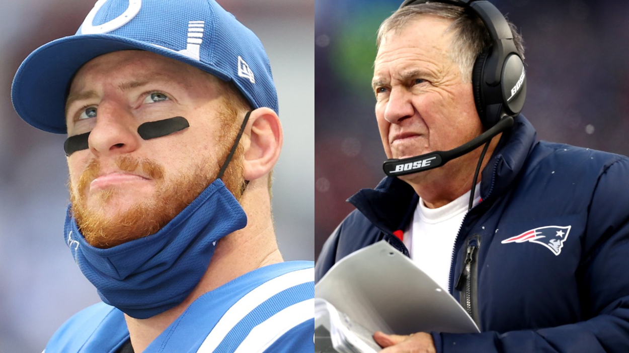 Indianapolis Colts quarterback Carson Wentz and New England Patriots head coach Bill Belichick.