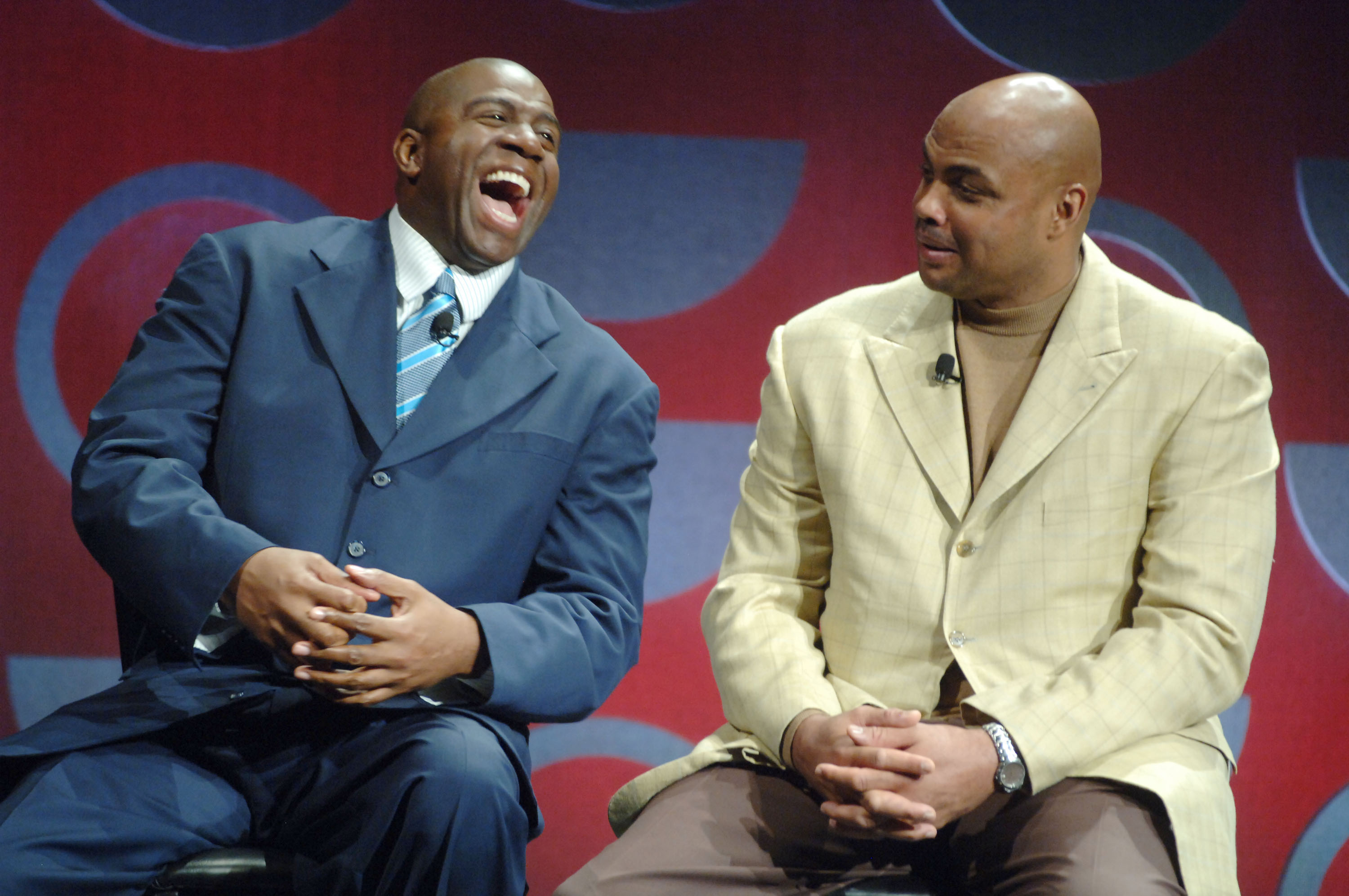 Charles Barkley and Magic Johnson on the set of TNT "Upfront"
