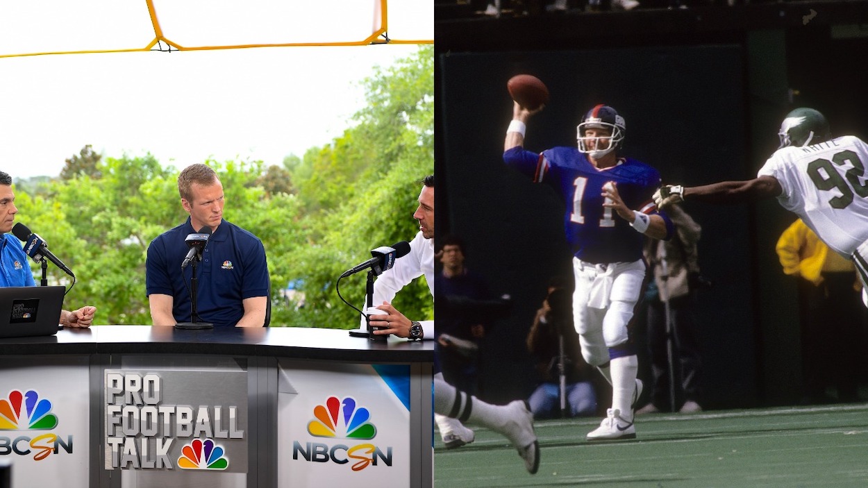 (L-R) Pro Football Talk Radio's Chris Simms during the 2018 NFL Annual Meetings at the Ritz Carlton Orlando, Great Lakes on March 26, 2018 in Orlando, Florida; Quarterback Phil Simms #11 of the New York Giants throws a pass against while chased by Reggie White of the Philadelphia Eagles circa late 1980's during an NFL football game at Giant Stadium in East Rutherford, New Jersey. Simms played for the Giants from 1979-93.