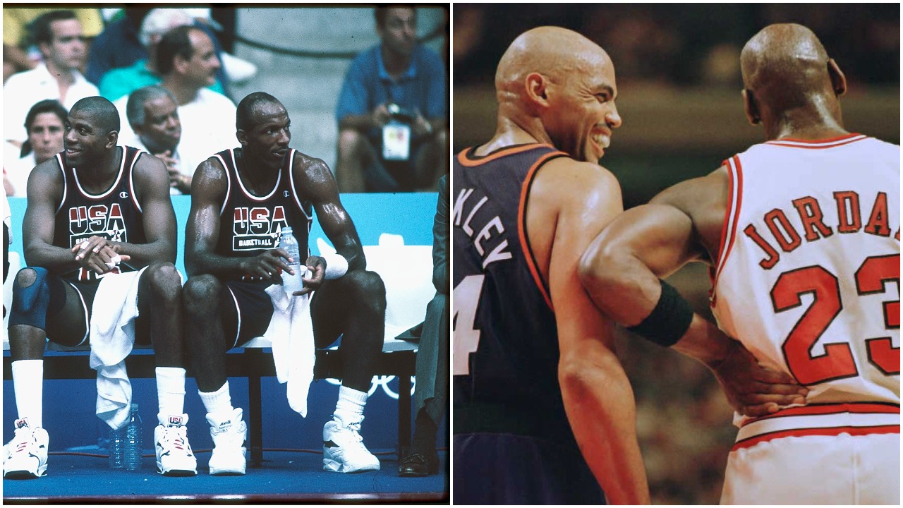 L-R: Dream Team star Clyde Drexler (L, R) sits next to Magic Johnson (L, L) during the 1992 Olympic Games; Charles Barkley (R, L) and Michael Jordan (R,R) share a laugh during a game in 1996