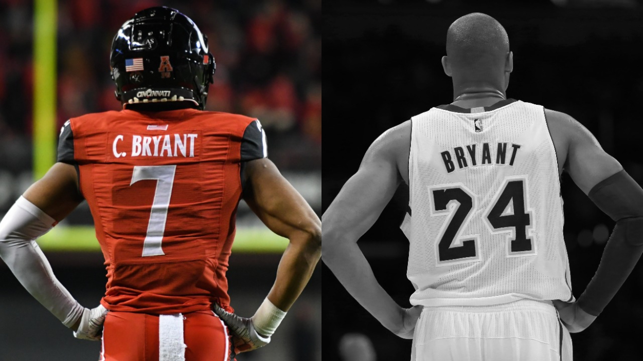 Cincinnati Bearcats star Coby Bryant and NBA legend Kobe Bryant. Coby will honor the Lakers great in the College Football Playoff.