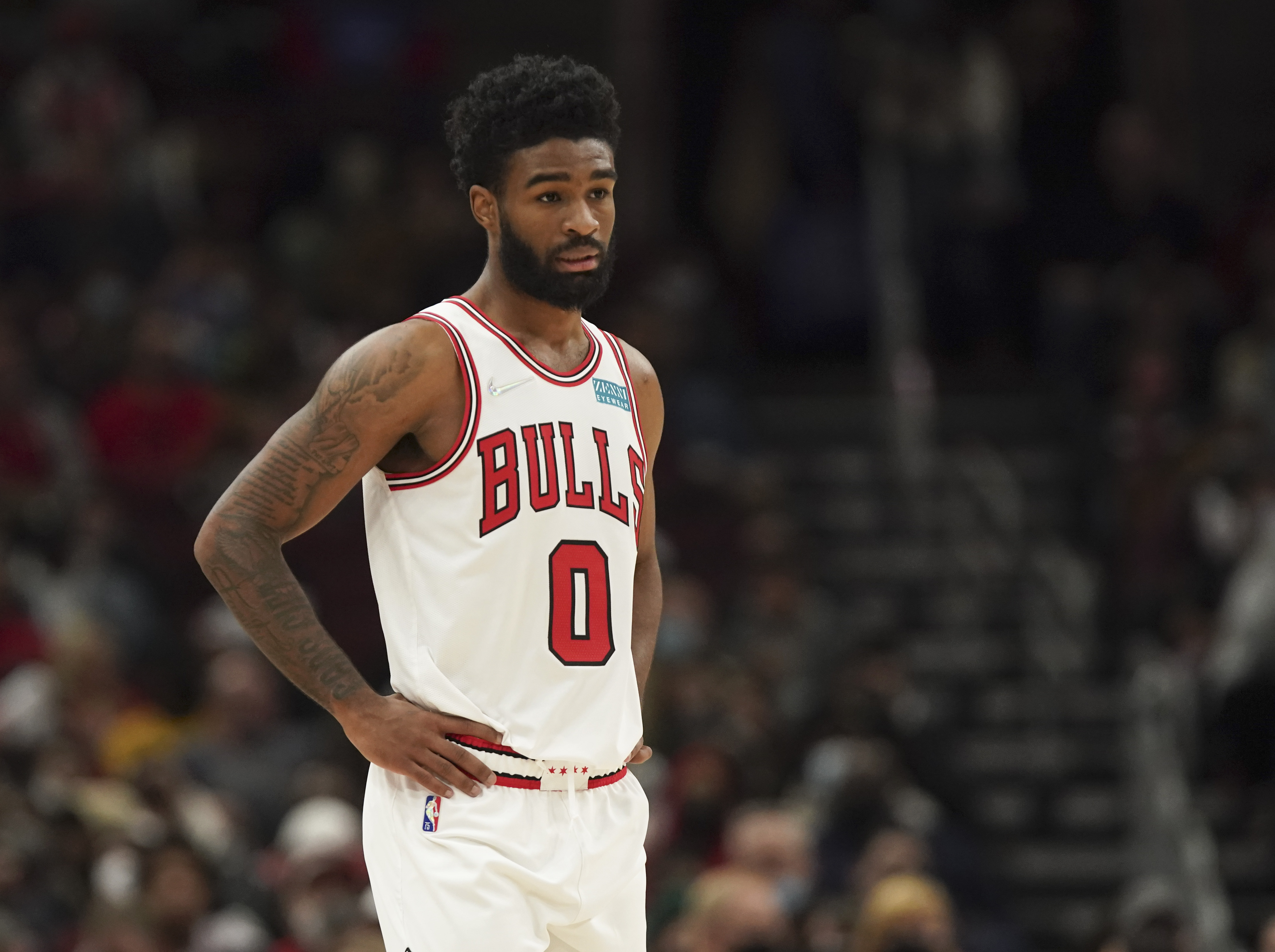 Chicago Bulls guard Coby White looks on during a game against the Houston Rockets