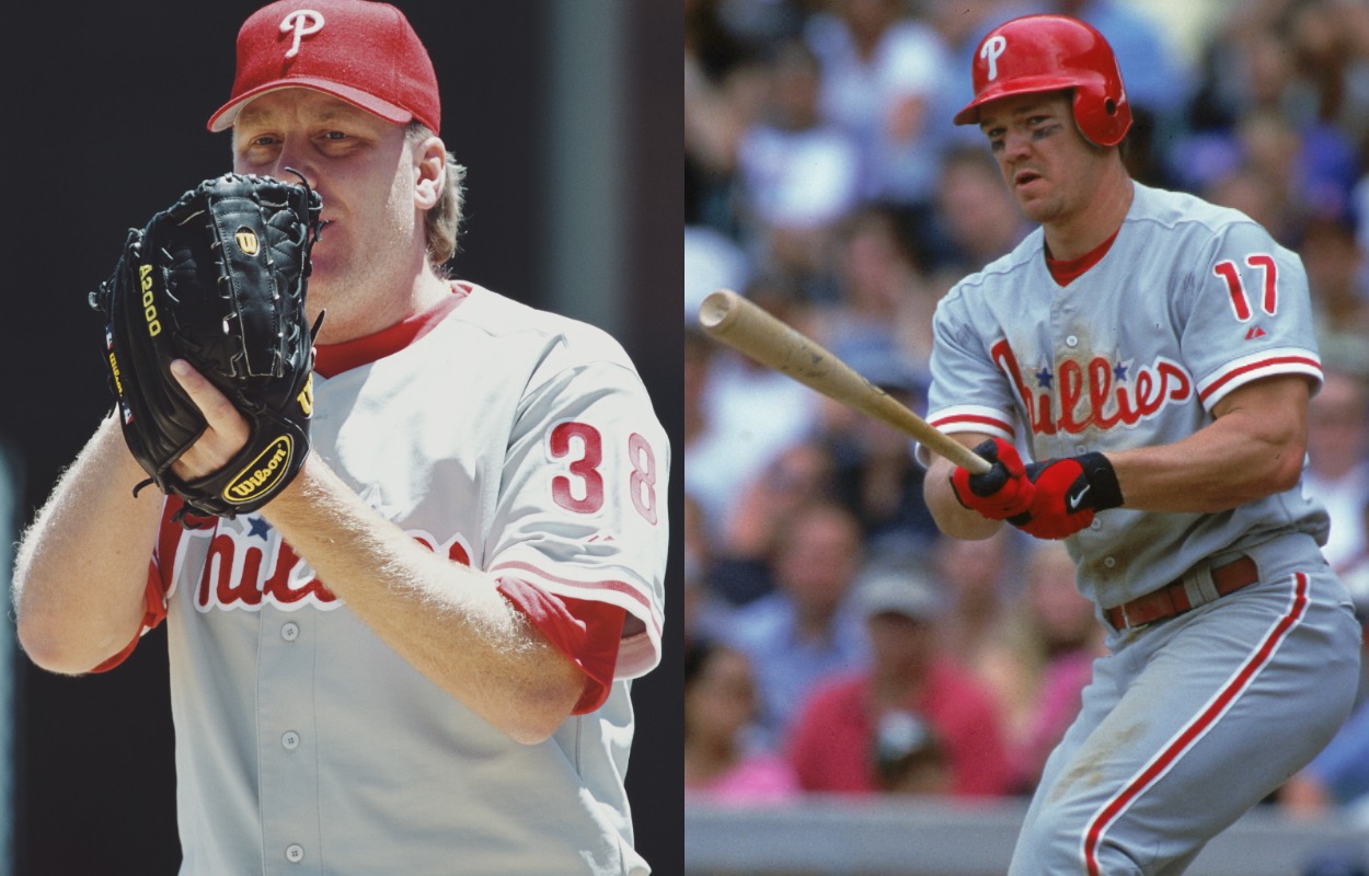 Philadelphia Phillies pitcher Curt Schilling (L) and third baseman Scott Rolen in 2000.